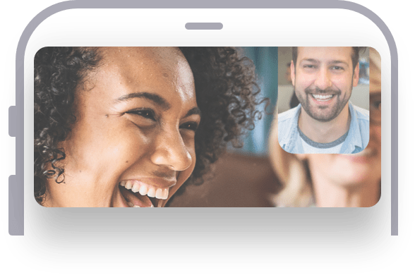 A video screen depicturing a woman laughing and a man smiling in the smaller video screen