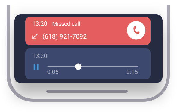 Two chat bubbles, one with the missed call notification and the second with playback button and a slider
