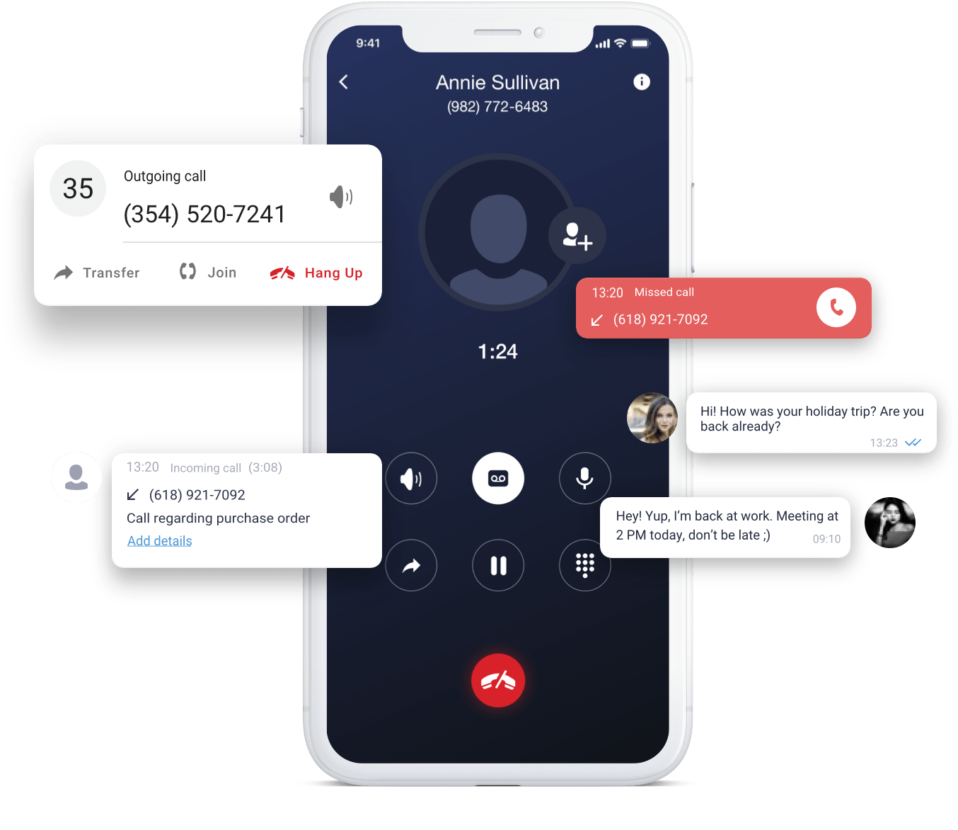 Ringotel mobile app with call recording enabled and chat next to it